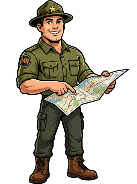Friendly park-ranger mascot in green uniform and hat, smiling and giving a thumbs-up next to stacked moving boxes