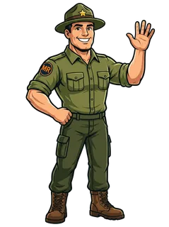 Park-ranger mascot in green uniform waving and holding a clipboard, inviting you to start a free moving-quote request